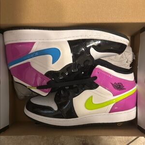 Nike Black, Pink, and Lime High-Tops ( AIR JORDAN 1 MID SE (GS) )